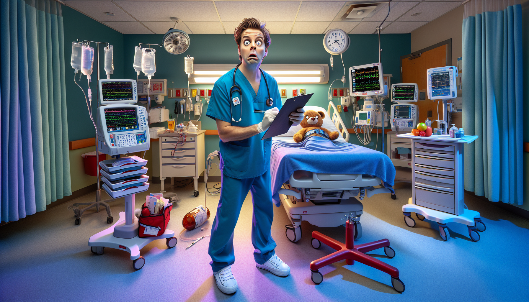 Image of a comical scene of a nurse in a chaotic setting during an unexpected medical code. Nurse looks overwhelmed while the environment is chaotic.