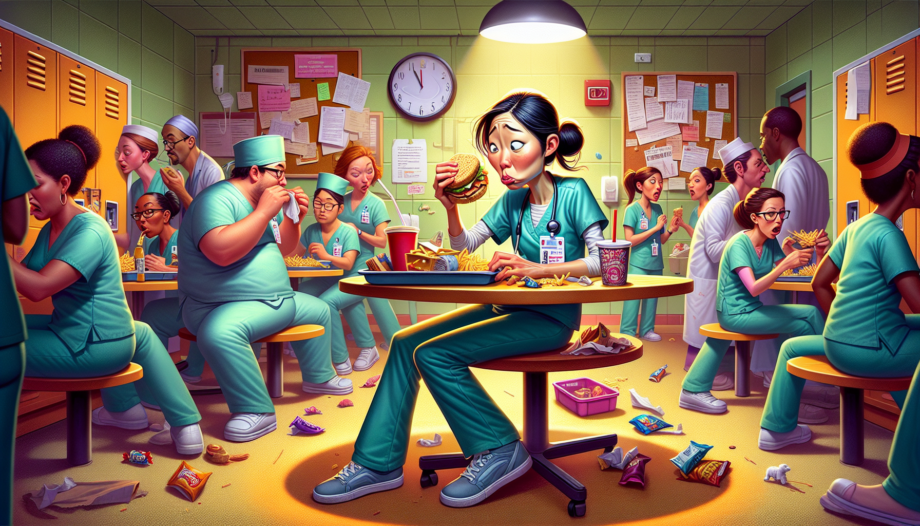 Image of a humorous scene of a nurse during a short lunch break, surrounded by chaos as other staff interact.